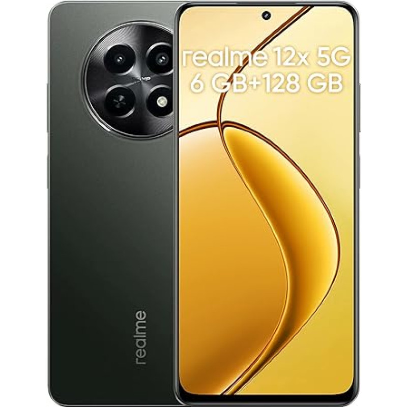 realme 12 x 5G išmanusis telefonas 6+128 GB, 6,72 colių išmanusis telefonas, 50 MP AI kamera, dvigubas 5G budėjimo režimas, 120 Hz ekranas, 5000 mAh akumuliatorius, 45 W SUPERVOOC įkrovimas, juodas (be adapterio)