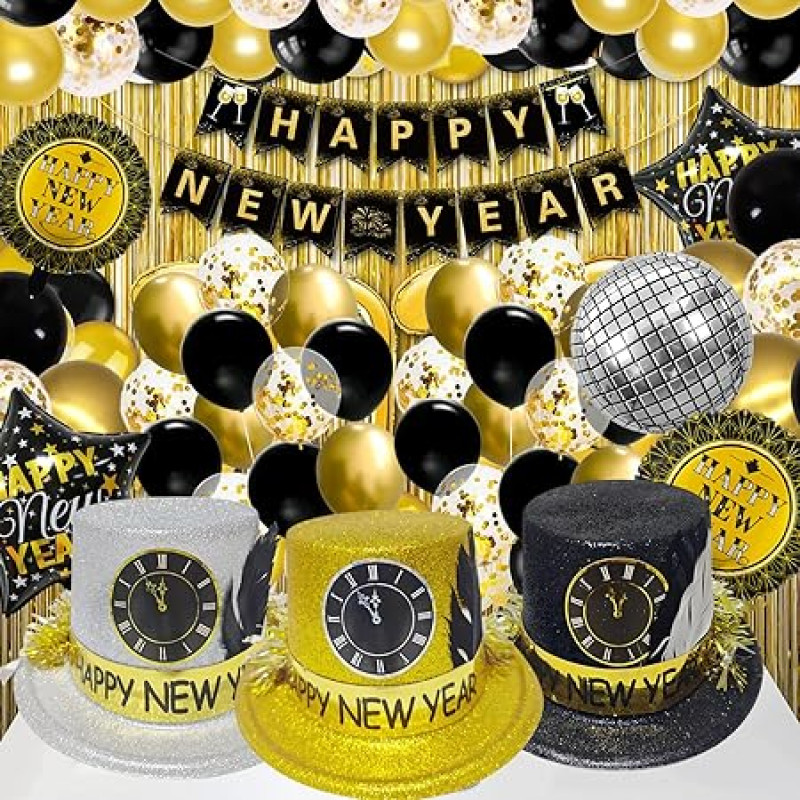 Black Gold New Year's Eve Decoration, 2025 XXL Decoration Set, Foil Balloon, New Year's Eve Decoration, Happy New Year Cone Hats for 2025 New Year Party Decorations