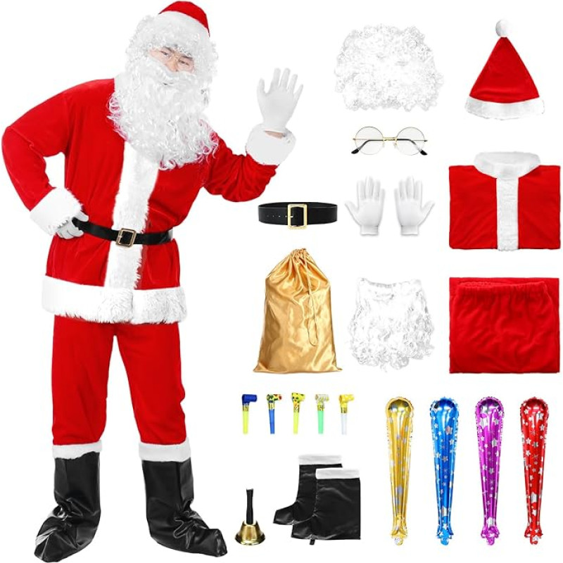 Angenster Santa Claus Costume, Pack of 20 Santa Claus Costume with Hat, Wig, Beard, Glasses, Bag, Gloves, Belt, Bell, Balloon, Blowing Dragon, Santa Claus Costume for Xmas