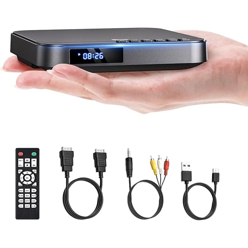 DESOBRY mini DVD grotuvas HDMI televizoriui 1080P kelių regionų DVD grotuvas su AV išvestimi, USB/TF kortelės įvestimi, nuotolinio valdymo pultu, palaiko PAL/NTSC