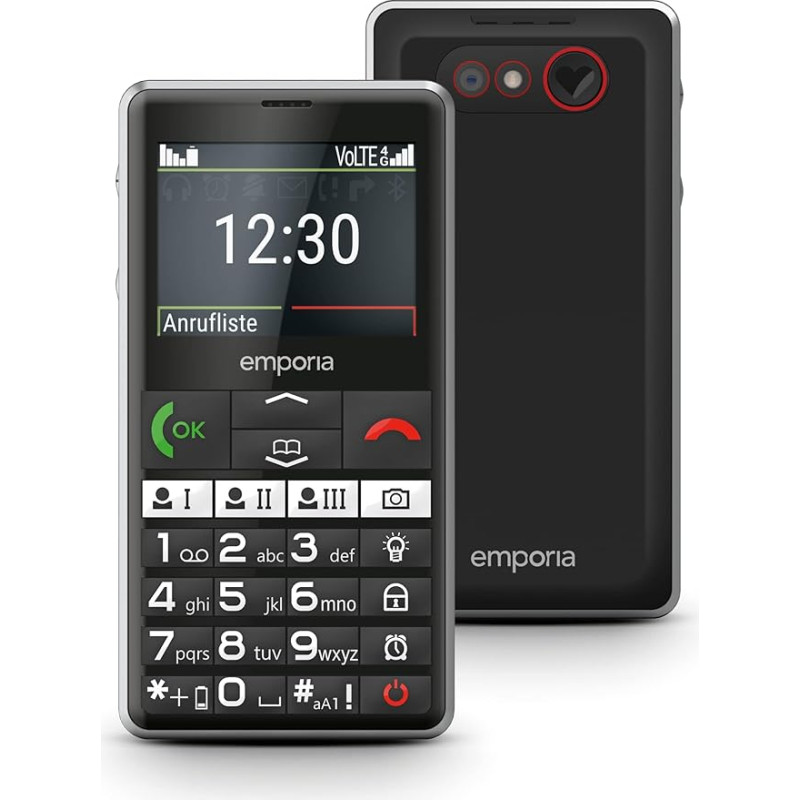 emporia PURE-LTE, Mobilusis telefonas vyresniems žmonėms 4G, Mobiliojo ryšio telefonas su mygtuku be sutarties, Mobilusis telefonas su pagalbos mygtuku, Juodas