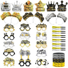 DPKOW Juoda aukso sidabro Naujųjų metų išvakarių dekoracija 2024 Naujųjų metų išvakarių dekoracija Šalies skrybėlės Naujųjų metų išvakarių galvos juosta Naujųjų metų išvakarių akiniai karoliai Šauktukas Naujųjų metų išvakarių vakarėlio dekoracijai