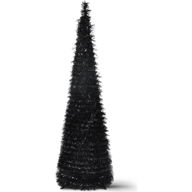 Juoda Helovino eglutė Pop Up Tinsel Collapsible Pencil Kalėdų eglutė plona su stendu, skirta namų buto atostogų vakarėliui Helovinas Indoor Outdoor 5ft