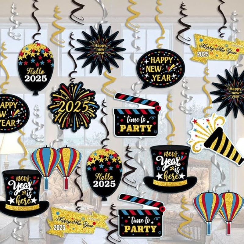 Laimingų Naujųjų metų, 30 Stück, Hello 2025 Countdown-Luftschlangen, Silvester, Deckenhängende Luftschlangen für 2025 Silvester-Party-Dekorationen