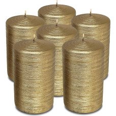 Hyoola Brushed Metallic Pillar Candles - Candles Antique Gold Pack of 6 - Pillar Candles Antique Gold - Decorative Pillar Candles Large Made in EU - Candles Long Burning Time - 6 cm x 10 cm