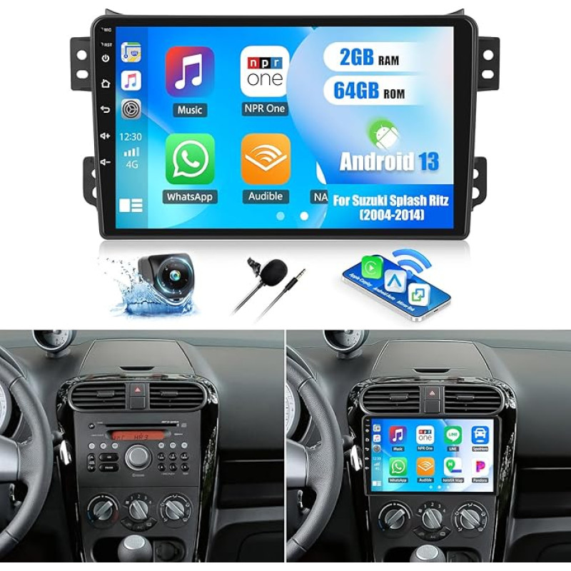 SIXWIN 2+64G Android 13 automobilinis radijo imtuvas Suzuki Splash Ritz 2004-2014 su Carplay/Android Car/Mirrorlink, 9 colių talpinis jutiklinis ekranas palaiko WiFi/GPS/FM/Bluetooth/SWC+ AHD galinio vaizdo kamera + MIC-P2