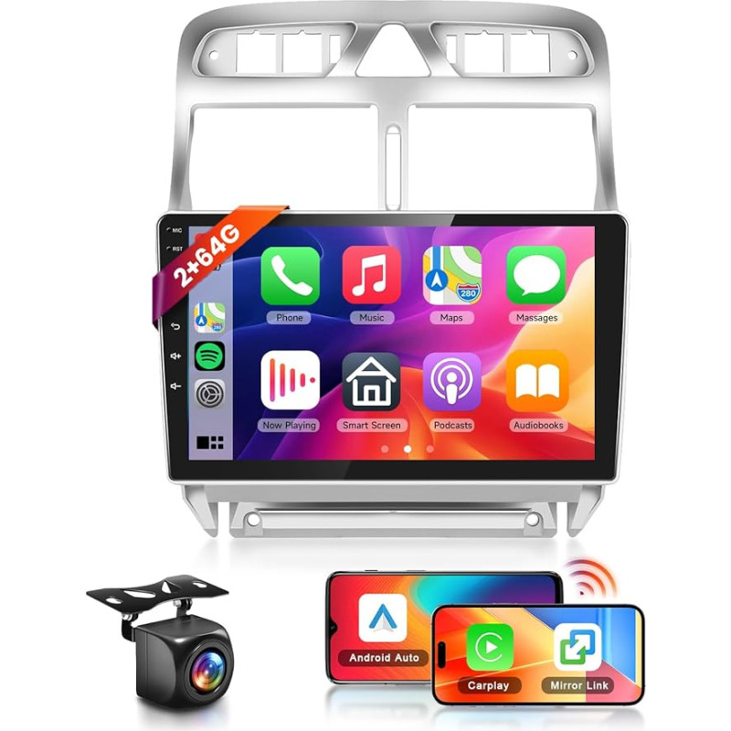Hodozzy Carplay Android Car Radio for Peugeot 307 2002-2013 with Sat Nav, 9 Inch Touchscreen with Mirror Link/Android Car/WiFi/GPS/RDS/FM/Bluetooth/USB/DSP + Reversing Camera