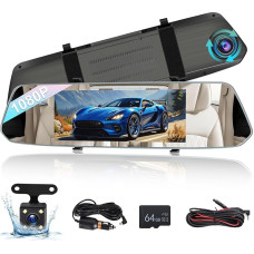 NHOPEEW 7 Inch Mirror Dash Cam with Front and Rear View Dual Cameras - Gravity Sensor/Super Night Vision/Loop Recording/Motion Detection/Parking Monitor + 64G SD Card