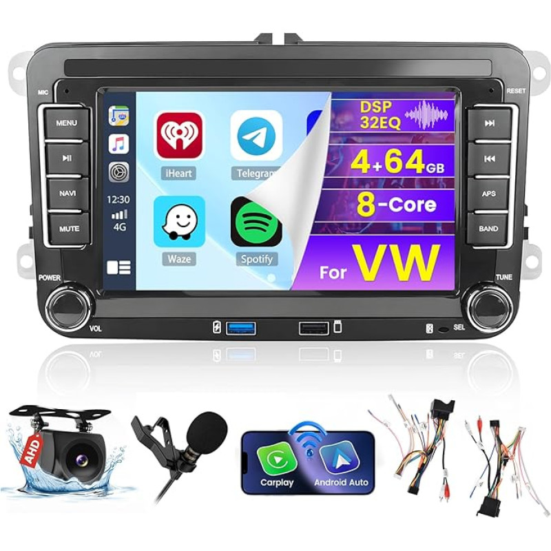 [8Cores 4G + 64G] Hikity Car Radio Android 13 for VW Golf 5 V Golf 6 Passat EOS Polo Jetta 7 Inch Touch Display Radio with 1280 x 720 Pixel 32EQ FM RDS Wireless Carplay Android Car GPS Navigation Rear