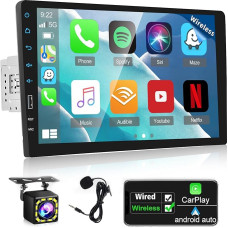 NHOPEEW 1 DIN Car Radio with Screen - Wireless Carplay and Android Car Radio Suopport Mirror Link FM EQ Steering Wheel Control + 12 LED Reversing Camera & Microphone