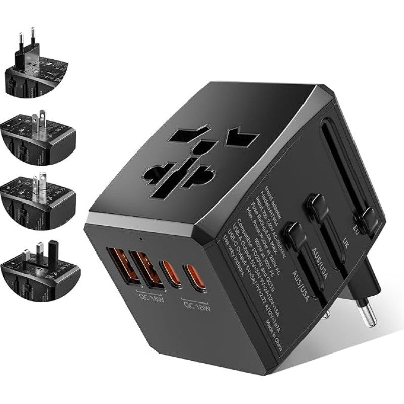 Brightark Travel Adaptor Worldwide, Universal Travel Adapter Worldwide with 2 USB, 2 Type-C and 1AC Socket, International Socket Adapter for Germany, USA, England, Thailand Adapter, for AC 100-240 V