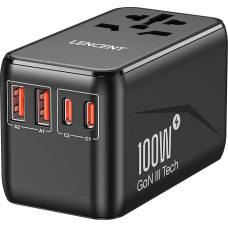 LENCENT Universal Travel Adapter 100W GaN3 International Travel Plug with 2 QC4.0 USB-A+2 PD3.0 Type-C PPS Fast Charging, Worldwide Wall Charger for USA/UK/EU/AU Sockets, Black