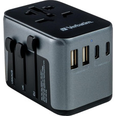 Verbatim Universal Travel Adapter UTA‑03 Socket Adapter with 2 USB‑A and 3 USB-C Ports, Travel Plug for Laptop, Mobile Phone, Camera etc. Worldwide, 100-250 V