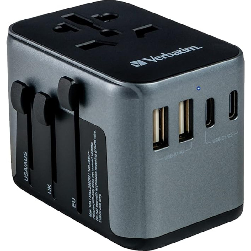 Verbatim Universal Travel Adapter UTA‑03 Socket Adapter with 2 USB‑A and 3 USB-C Ports, Travel Plug for Laptop, Mobile Phone, Camera etc. Worldwide, 100-250 V