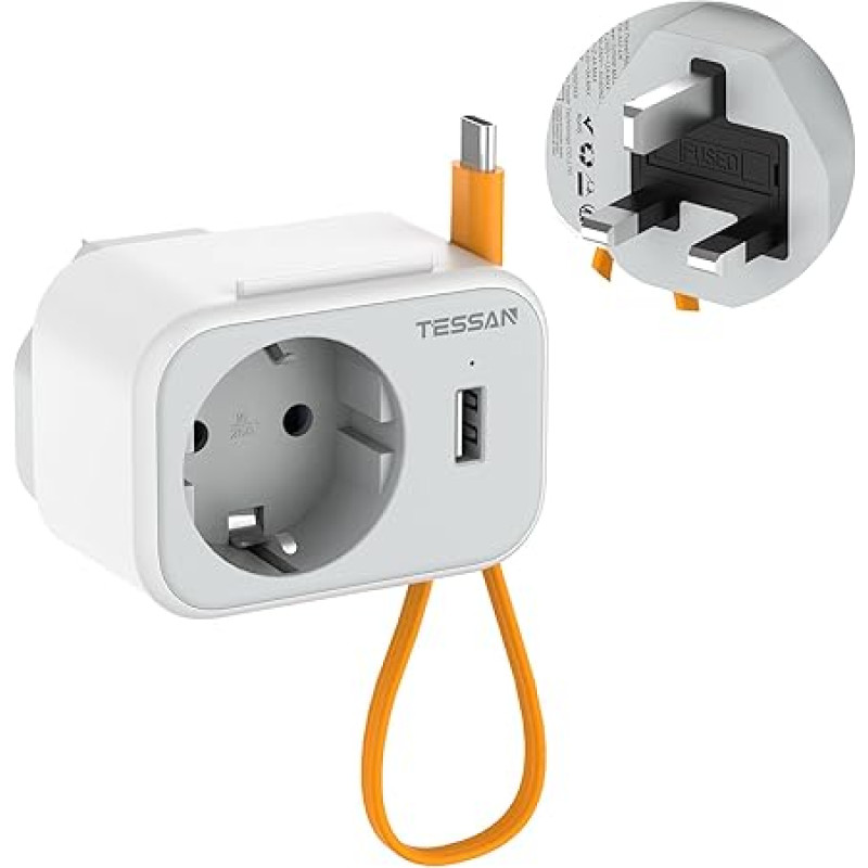 TESSAN Adapter England Germany Plug, Travel Adapter for England with 15cm USB C Cable, 3 in 1 Travel Plug Type G Socket Adapter for Ireland, Scotland, UK Adapter to EU with 1 AC and 1 USB