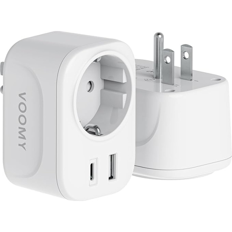 VOOMY Travel Adapter USA, Adapter USA Germany Plug, Socket Adapter USA with USB-C and USB-A, Travel Adapter Type B for USA Canada Thailand Mexico