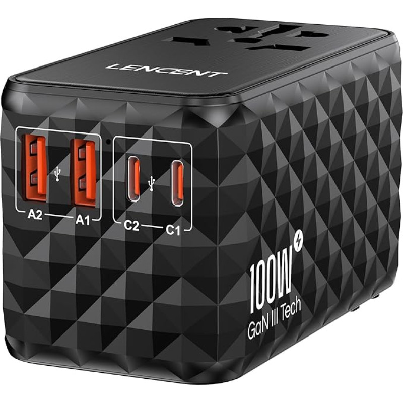 LENCENT Universal Travel Adapter 100 W Fast Charge, International Travel Plug Adapter for Type A/C/G/I (UK, EU, AU, US) Sockets, 2 USB-A & 2 USB-C Fast Charging for Mobile Phone, Laptops, Black