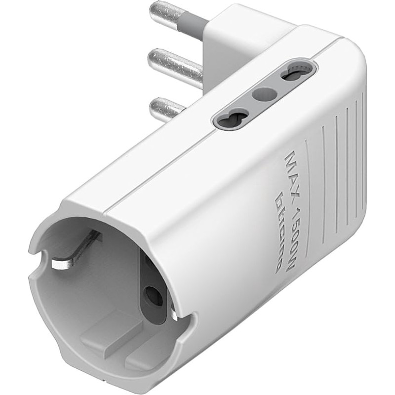 BTicino S3615DE Space Saving Socket Corner Adapter, 2 Sockets 10A and 1 x German Socket, Type P30 Plug, 10A, White, S3616DE