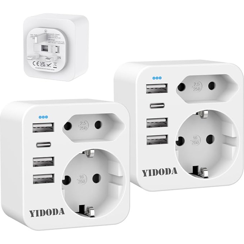 YIDODA Travel Adaptor UK Adapter England Germany Plug with 4 USB 3.4 A, England Adapter Socket, Socket Adapter, Travel Plug Power Adapter for Ireland Great Britain Wall Charger, 2 Pack