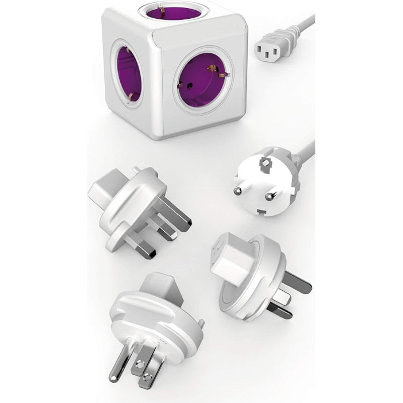 Travel-Cube ReWirable Original Power Cube with 5 Sockets, Multiple Socket with Schuko Cable and Travel Adapter for UK USA AUS, Magenta-White