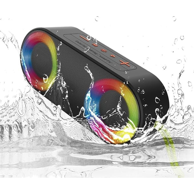 TOMPROAD Bluetooth Speaker, Portable Waterproof Speaker with LED Lights, Wireless Stereo Sound, Bass Outdoor Speaker, Support FM Radio for Travel, Camping