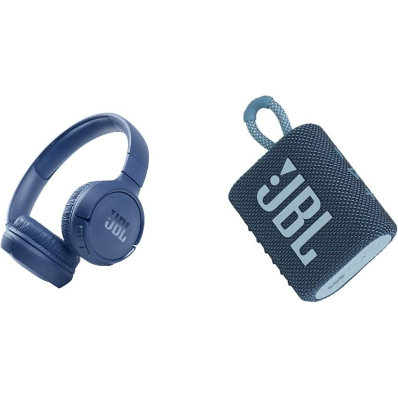 JBL Tune 510BT - Bluetooth Over-Ear Headphones in Blue - Foldable Headphones with Hands-Free Function & GO 3 Small Bluetooth Box in Blue - Waterproof Portable Speaker for Travel