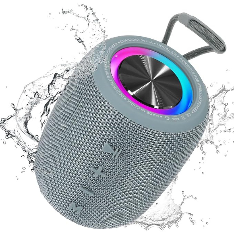 SENXINGYAN Bluetooth Speaker 20 W, Bluetooth Box, LED Music Box Waterproof IPX6, 360° HD Stereo Speaker Sound, 16H Playtime, Supports FM Radio/AUX/TF (Grey)