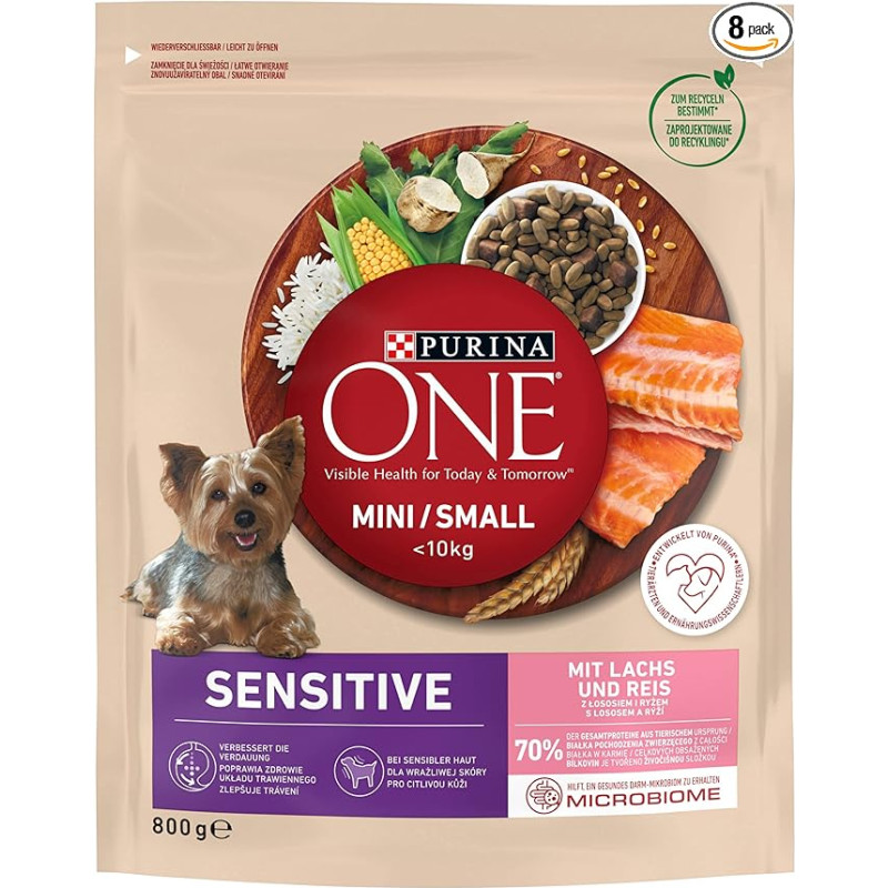 PURINA ONE Mini/mažų veislių sausas delikatesinis sausas maistas mažiems šunims, gausus lašišos ir ryžių, 8 vnt. (8 x 800 g)