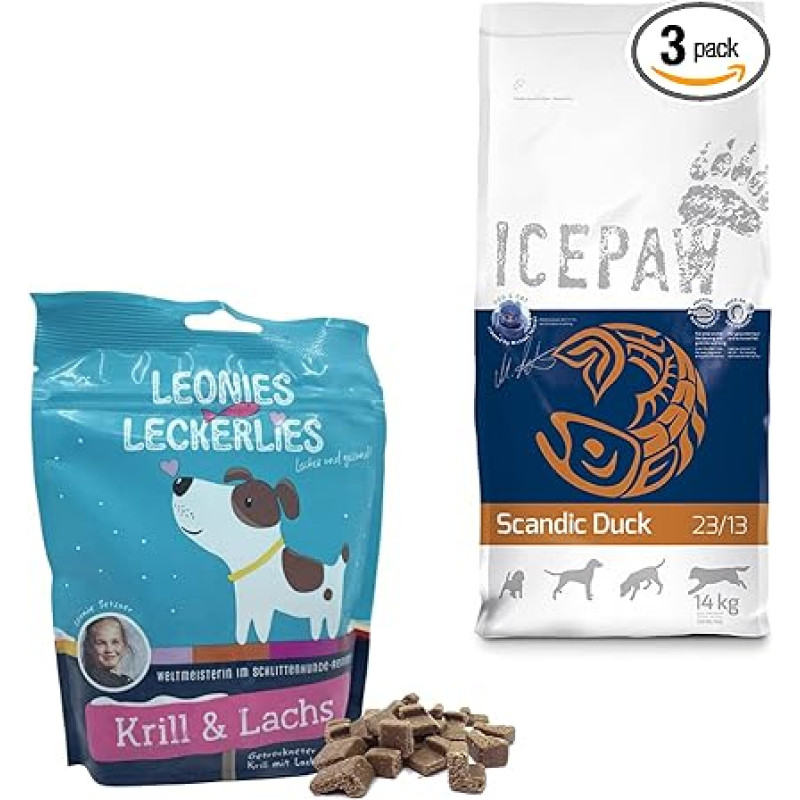 ICEPAW I Kombinuotoji pakuotė šunims I Sausas ėdalas I Scandic Duck 14 kg I su antiena ir bulvėmis I be grūdų I Leonies skanėstai 125 g