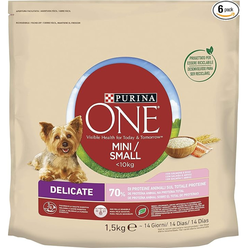 Purina One Mini < 10kg Delikatesiniai kroketai mažiems šunims Lašiša ir ryžiai 6 pakuotės po 1,5kg