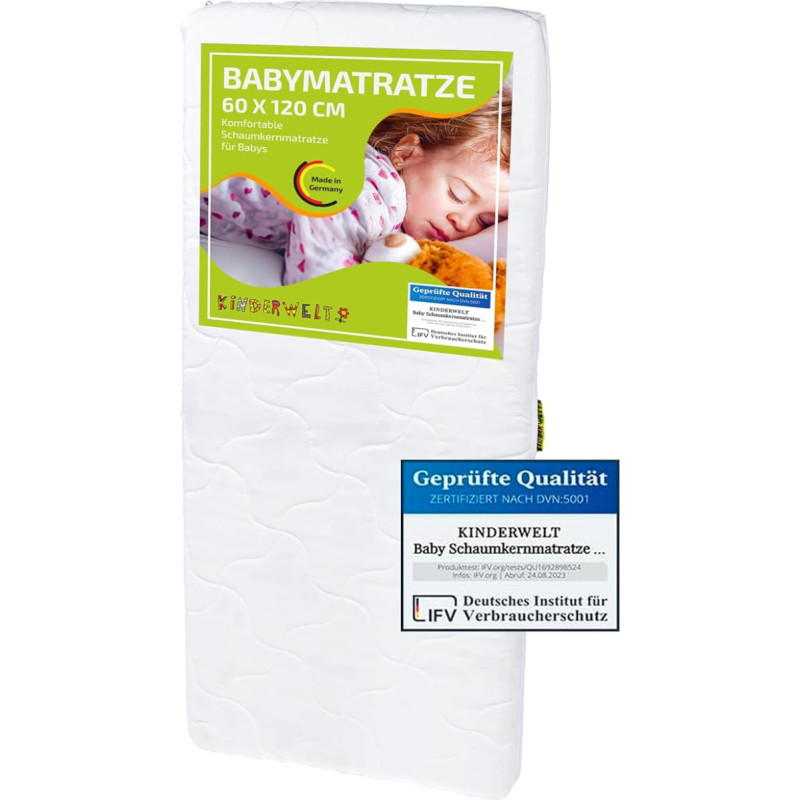 KiNDERWELT Kūdikių čiužinys 60 x 120 cm, dygsniuotas putų šerdies čiužinys, čiužinys vaikiškai lovytei, putų čiužinys kūdikiams ir mažyliams, pagamintas Vokietijoje