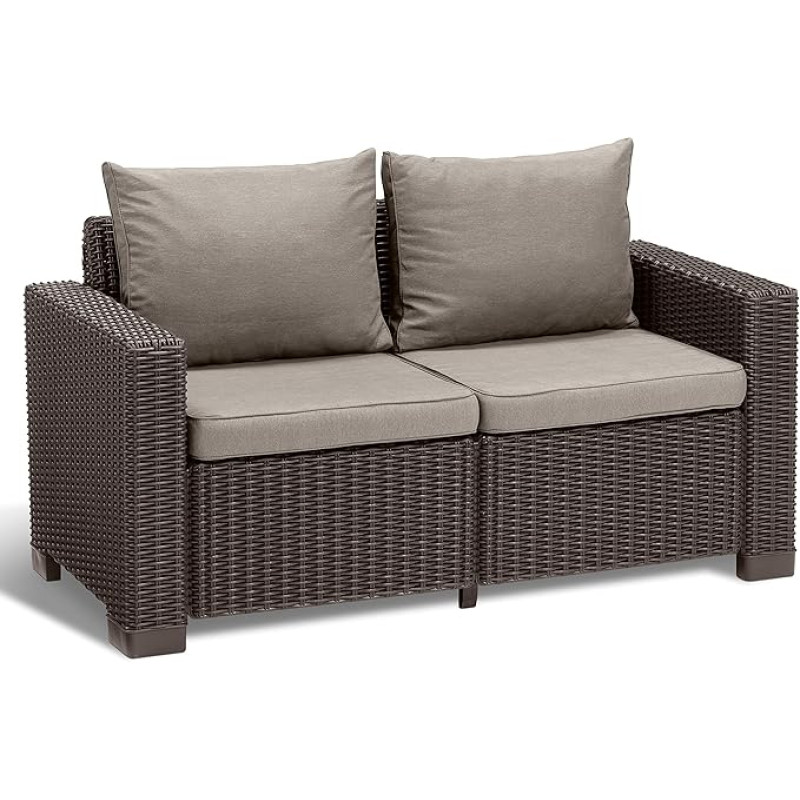 Allibert by Keter Gartenlounge Sofa California 2-Sitzer, inkl. Sitz- und Rückenkissen, Kunststoff, runde Rattanoptik, 141x68x72 cm, braun/warm taupe