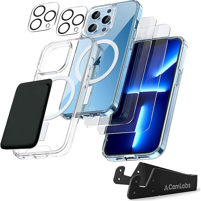 CamLabs [8 in 1 Defender iPhone 13 Pro Max Case 6.7 Inches, with 2 Pack Tempered Glass Screen Protector + 2 Pack Camera Lens Protector + Magnetic Wallet + Phone Stand, Clear Shockproof Slim