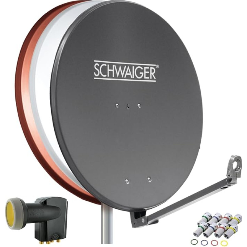 SCHWAIGER 4609 Satellite Satellite Set Satellite Dish Quad LNB Digital 8x F-Connector 7 mm Satellite Antenna Aluminium Complete Set Anthracite 88 x 88 cm