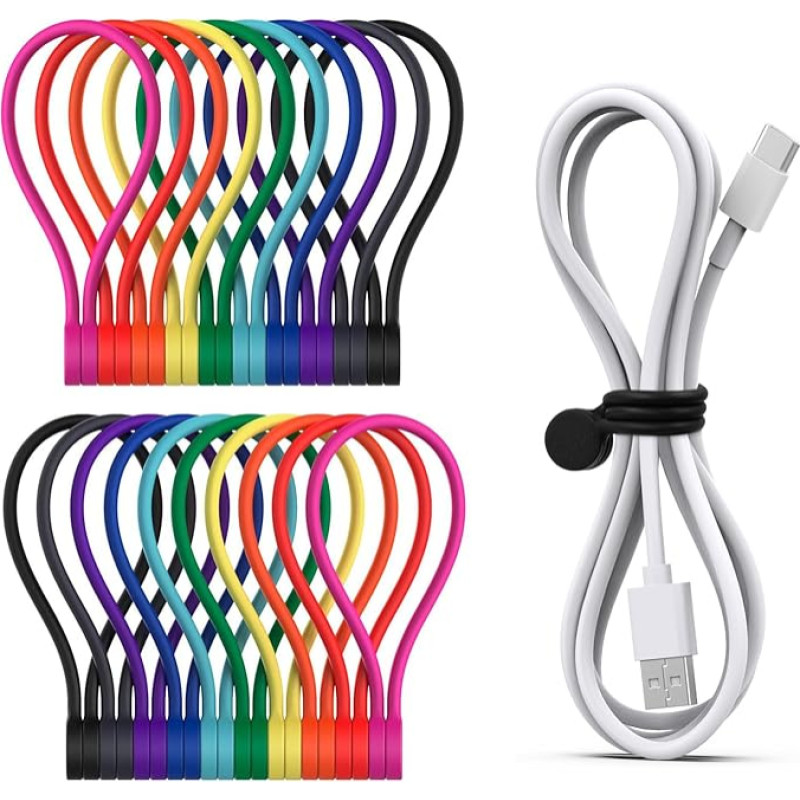 SMART&COOL Reusable Magnetic Cable Ties, Multifunctional Silicone Magnetic Cable Ties for Cable Management and Organising, 10 Colours Magnetic Cable Ties, 182 mm (Pack of 20, Colourful)