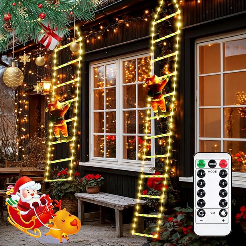 Purpledi LED Santa Claus kopėčios pasakų žibintai - 3 metrai 310 LED lauko Kalėdų žibintai su Kalėdų Senelio pasakų žiburiai Kalėdų eglutė langas 8 režimai šilta balta kištukas langų Kalėdų dekoracijos