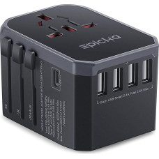 EPICKA kelioninis adapteris visame pasaulyje, 28 W kelioninis kištukinis adapteris visame pasaulyje, tarptautinis kištukinis adapteris su 4 USB-A, 1 USB-C, universalus kelioninis adapteris JAV, JK, ES, Japonijai, Tailandui, Australijai, TA-105,