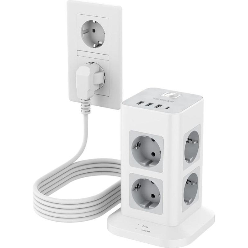 TESSAN 8-Way Multiple Socket with USB C and 3 USB A, Extension Cable, 5 m Distribution Socket, Power Strip Surge Protection, Multiple Plug with Switch for Home, Socket Tower 3600 W