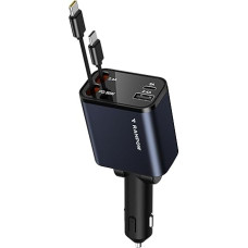 RAMPOW ištraukiamas automobilinis įkroviklis, [65 W, 4-in-1], du ištraukiami USB-C kabeliai, cigarečių žiebtuvėlio USB C, automobilių priedai, automobilinis įkroviklis, greitasis įkroviklis su iPhone 16/15, Samsung S24/S23, iPad