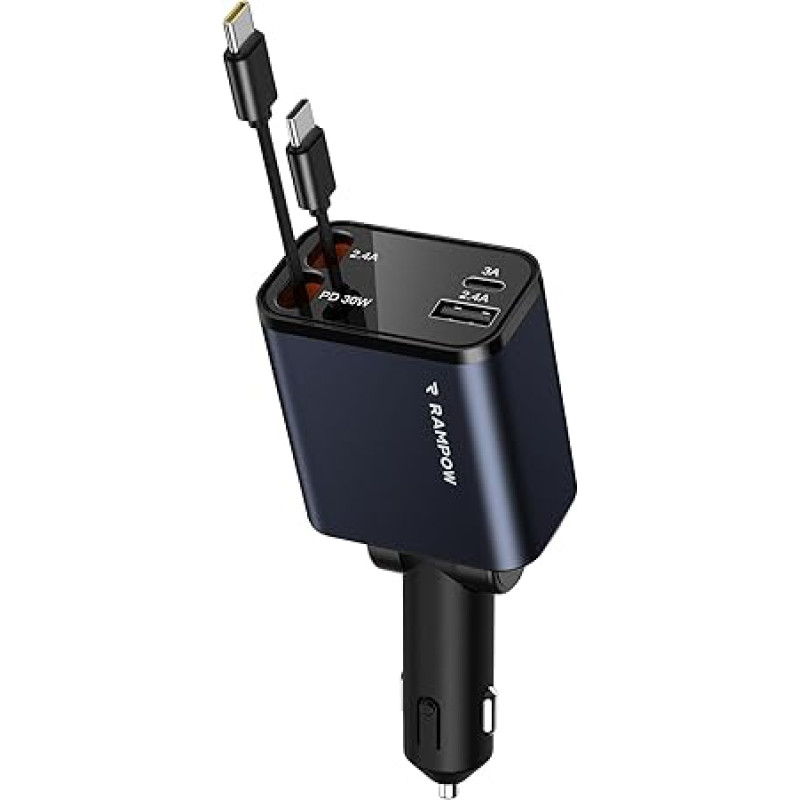 RAMPOW ištraukiamas automobilinis įkroviklis, [65 W, 4-in-1], du ištraukiami USB-C kabeliai, cigarečių žiebtuvėlio USB C, automobilių priedai, automobilinis įkroviklis, greitasis įkroviklis su iPhone 16/15, Samsung S24/S23, iPad