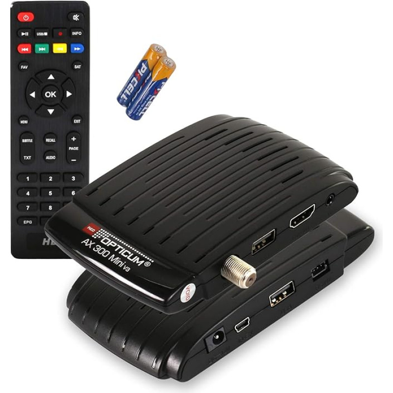 RED OPTICUM AX 300 Mini V3 palydovinis imtuvas PVR I Skaitmeninis palydovinis imtuvas HD - Išorinis IR jutiklis su LED ekranu - HDMI - USB I 12 V maitinimo šaltinis idealiai tinka stovyklavimui I Palydovinio indo imtuvas