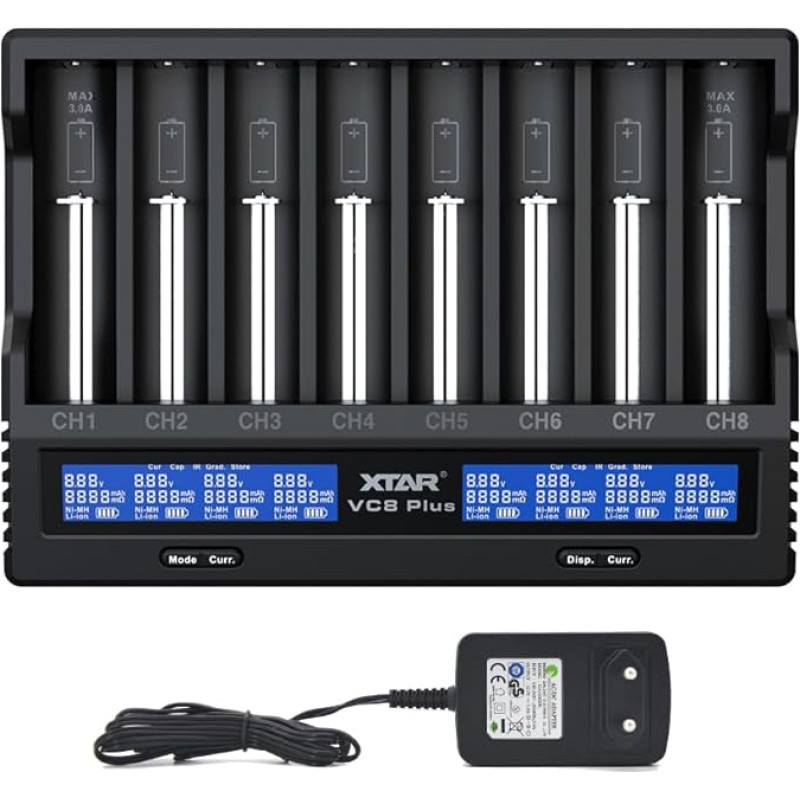 XTAR VC8 Plus Processor Charger for 8 x Li-Ion and NiMH Batteries Universal Battery 18650 Charger 8 Slot LCD Screen with EU Charger