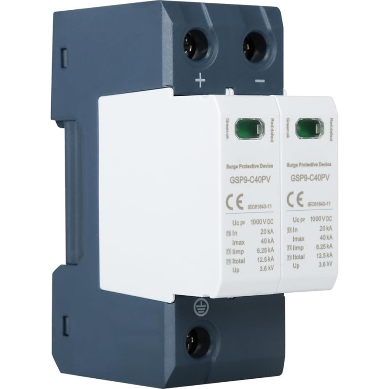 Ailao 1000 V DC apsauga nuo viršįtampių PV viršįtampių ribotuvas Žaibo apsauga Nuo viršįtampių ribotuvas Maitinimo šaltinis Žaibo srovės ribotuvas GSP9-C40 PV 2P Vardinė stiprinimo srovė In: 20 kA, maksimali nuotėkio srovė Imax: