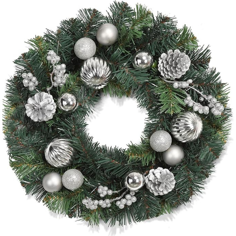 40 cm kalėdinis vainikas, dirbtinis lauko durų vainikas, pušies spyglių vainikas su kalėdinėmis puokštėmis, pušų spurgomis ir uogomis - sidabrinis
