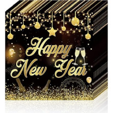Pack of 20 New Year Napkins 2025 | 33 x 33 cm Black Gold Happy New Year Eve Napkins | New Year's Eve Table Decorations Napkin for 2025 New Year's Eve Party Supplies