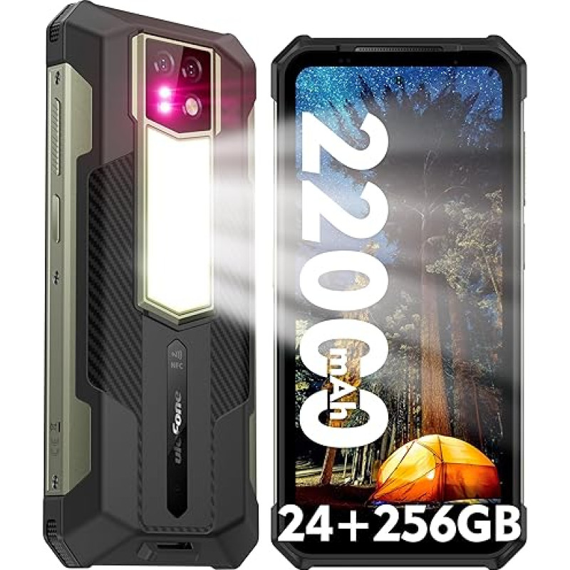 Ulefone Armor 24 Mobilusis telefonas atsparus duženoms 24GB + 256GB 22000mAh baterija 66W 1000LM stovyklavimo lempa Android 13 Išmanusis telefonas atsparus duženoms 6,78 colių FHD+ 120Hz 64MP + 64MP naktinis matymas IP68 NFC/OTG/GPS