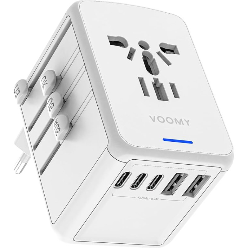 VOOMY Adapter for 170+ Landing, Travel Adapter USA with 2 USB A, Travel Plug with 3 USB C, Travel Adapter Worldwide with Quick Charge, Adapter Socket with Automatic Reset Electric Fuse