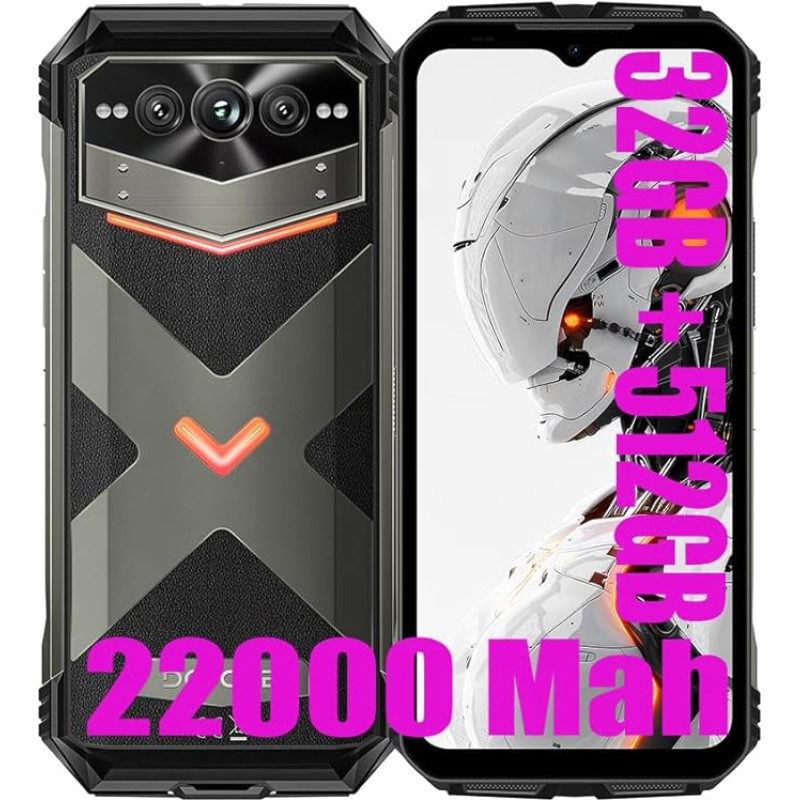 DOOGEE VMAX Pro 5G atsparus išmanusis telefonas, 22000 mAh baterija, 32 GB + 512 GB išmanusis telefonas be sutarties, 6,58 colių FHD+, 108 MP + 20 MP naktinis matymas + 16 MP, 