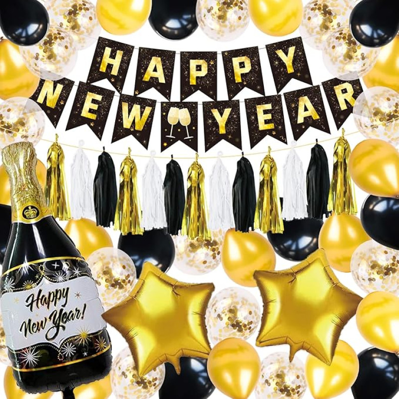 Silvester Dekorationen 2023 Party Dekorationen Silvester Dekorationen Silvester Dekorationen Happy New Year Banner Neujahr Dekorationen 2023 Luftballons und Goldene Konfetti Happy New Year Dekorationen 2023 Party Supplies