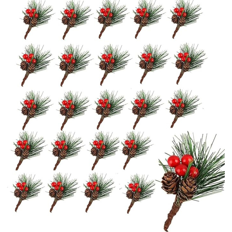 24 dirbtinių pušies šakelių su uogomis ir pušų spurgomis pakuotė, dirbtinis vainikas, kabantis rudens žiemos vainikas, dirbtinės pušies šakelės, uogų šakelės, idealiai tinka Kalėdų dekoracijoms
